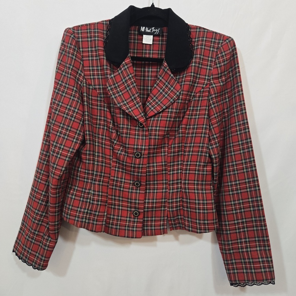 Vintage 90s All That Jazz Tartan Plaid Cropped Blazer 11/12 Velvet Collar